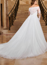 Off-the-Shoulder Lace Wedding Dresses Tulle Long Sleeves-Dbrbridal