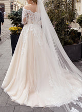 Off-The-Shoulder Long Sleeves Ball Gown Wedding Dresses Boho Garden Lace Tulle-Dbrbridal