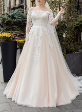 Off-The-Shoulder Long Sleeves Ball Gown Wedding Dresses Boho Garden Lace Tulle-Dbrbridal