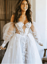 Off-The-Shoulder Long Sleeves Boho Garden Lace Tulle Wedding Dresses-Dbrbridal