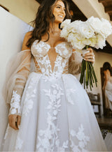Off-The-Shoulder Long Sleeves Boho Garden Lace Tulle Wedding Dresses-Dbrbridal