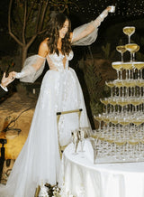 Off-The-Shoulder Long Sleeves Boho Garden Lace Tulle Wedding Dresses-Dbrbridal