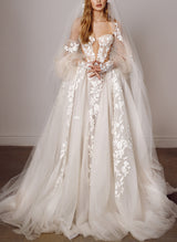 Off-The-Shoulder Long Sleeves Boho Garden Lace Tulle Wedding Dresses-Dbrbridal