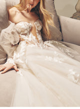 Off-The-Shoulder Long Sleeves Boho Garden Lace Tulle Wedding Dresses-Dbrbridal