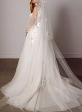 Off-The-Shoulder Long Sleeves Boho Garden Lace Tulle Wedding Dresses-Dbrbridal