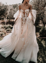 Off-The-Shoulder Long Sleeves Boho Garden Lace Tulle Wedding Dresses-Dbrbridal