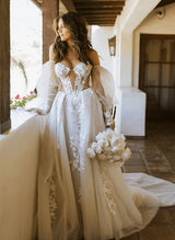 Off-The-Shoulder Long Sleeves Boho Garden Lace Tulle Wedding Dresses-Dbrbridal