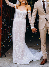 Off-The-Shoulder Long Sleeves Lace Wedding Dresses-Dbrbridal