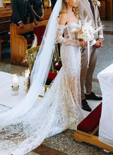 Off-The-Shoulder Long Sleeves Lace Wedding Dresses-Dbrbridal