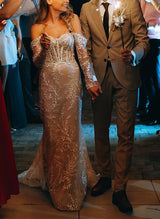 Off-The-Shoulder Long Sleeves Lace Wedding Dresses-Dbrbridal