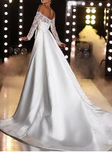 Off-The-Shoulder Long Sleeves Mermaid Fitted Trumpet Satin Wedding Dresses Appliques Lace-Dbrbridal