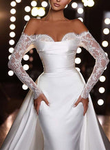 Off-The-Shoulder Long Sleeves Mermaid Fitted Trumpet Satin Wedding Dresses Appliques Lace-Dbrbridal