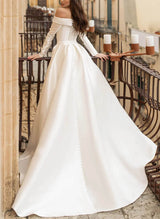 Off-The-Shoulder Long Sleeves Pearl Detachable Wedding Dress-Dbrbridal