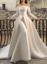 Off-The-Shoulder Long Sleeves Pearl Detachable Wedding Dress-Dbrbridal