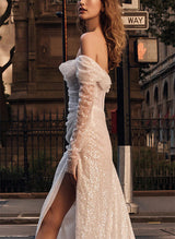 Off-the-Shoulder Long Sleeves Sequined Wedding Dress Front Split-Dbrbridal