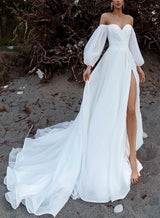 Off-The-Shoulder Long Sleeves Summer Beach Wedding Dresses Chic A-line Chiffon-Dbrbridal