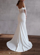 Off-The-Shoulder Long Sleeves Sweep Train Lace Elastic Satin Wedding Dress Lace-Dbrbridal