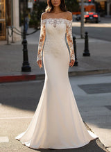 Off-The-Shoulder Long Sleeves Sweep Train Lace Wedding Dresses-Dbrbridal