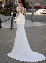 Off-The-Shoulder Long Sleeves Sweep Train Lace Wedding Dresses-Dbrbridal