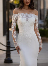 Off-The-Shoulder Long Sleeves Sweep Train Lace Wedding Dresses-Dbrbridal