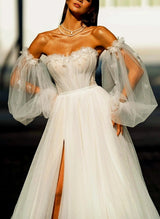 Off-The-Shoulder Long Sleeves Tulle Sweep Train Wedding Dress Sequins Flowers-Dbrbridal