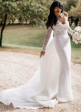 Off-The-Shoulder Long Sleeves Wedding Dresses Sequined Detachable Train-Dbrbridal