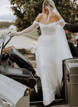 Off-The-Shoulder Long Sleeves Wedding Dresses Sequined Detachable Train-Dbrbridal