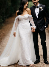 Off-The-Shoulder Long Sleeves Wedding Dresses Sequined Detachable Train-Dbrbridal