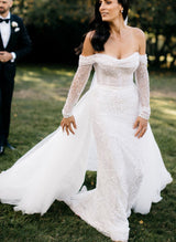 Off-The-Shoulder Long Sleeves Wedding Dresses Sequined Detachable Train-Dbrbridal