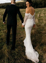 Off-The-Shoulder Long Sleeves Wedding Dresses Sequined Detachable Train-Dbrbridal