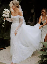 Off-The-Shoulder Long Sleeves Wedding Dresses Sequined Detachable Train-Dbrbridal