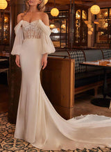 Off-The-Shoulder Mermaid Fitted Lace Silk Like Satin Wedding Dresses-Dbrbridal