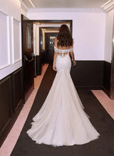 Off-the-Shoulder Mermaid Fitted Wedding Dresses Appliques Lace Open Back-Dbrbridal