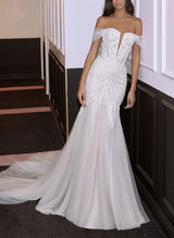 Off-the-Shoulder Mermaid Fitted Wedding Dresses Appliques Lace Open Back-Dbrbridal