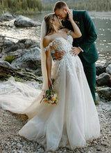 Off-the-Shoulder Retro style Tulle Wedding Dresses Appliques Lace-Dbrbridal