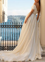 Off the shoulder Satin Chic A-line Princess Wedding Dresses Sequins Split Front-Dbrbridal