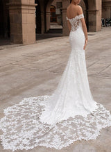 Off the shoulder Satin Lace Chapel Train Wedding Dresses Lace Mermaid Fitted-Dbrbridal