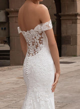 Off the shoulder Satin Lace Chapel Train Wedding Dresses Lace Mermaid Fitted-Dbrbridal