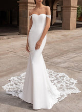 Off the shoulder Satin Lace Chapel Train Wedding Dresses Lace Mermaid Fitted-Dbrbridal