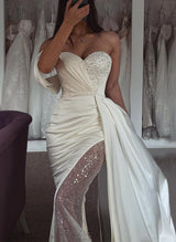 Off-The-Shoulder Satin Sequined Mermaid Fitted Wedding Dresses-Dbrbridal