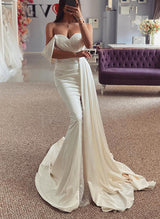 Off-The-Shoulder Satin Sequined Mermaid Fitted Wedding Dresses-Dbrbridal