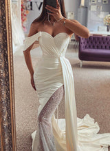 Off-The-Shoulder Satin Sequined Mermaid Fitted Wedding Dresses-Dbrbridal