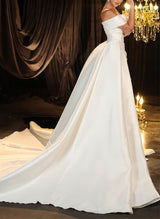 Off-The-Shoulder Satin Wedding Dresses High Split-Dbrbridal