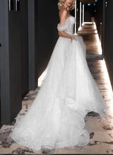 Off-The-Shoulder Sleeveless Ball-Gown Wedding Dress Sweep Train Sequins-Dbrbridal