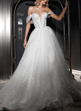 Off-The-Shoulder Sleeveless Ball-Gown Wedding Dress Sweep Train Sequins-Dbrbridal