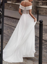 Off-The-Shoulder Sleeveless Chic A-line Lace Tulle Wedding Dress Sweep Train-Dbrbridal
