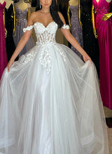 Off-The-Shoulder Sleeveless Chic A-line Sweep Train Wedding Dresses-Dbrbridal