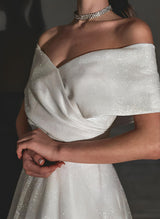 Off-The-Shoulder Sleeveless Chic A-line Wedding Dress Sweep Train Sequin Detail-Dbrbridal