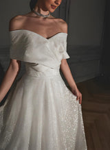 Off-The-Shoulder Sleeveless Chic A-line Wedding Dress Sweep Train Sequin Detail-Dbrbridal