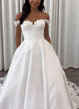 Off-The-Shoulder Sleeveless Court Train Lace Satin Wedding Dresses-Dbrbridal